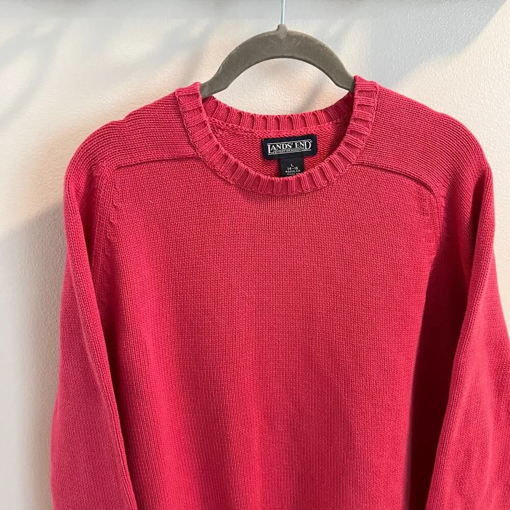 Lands End Pink 100% Cotton Pullover Sweater Size L 14-16